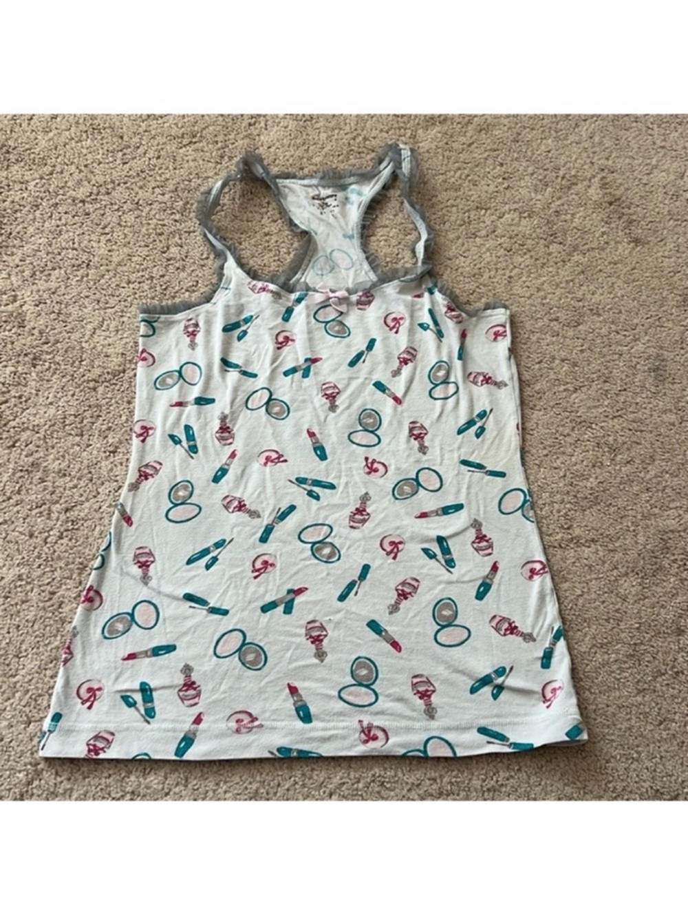 Cosmetic Print Racerback Tank Top - White with Teal & Pink